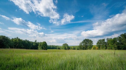 Vast green field under a bright blue sky with scattered clouds.