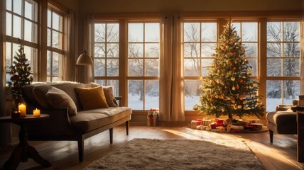 A cozy living room with christmas tree drenched with warm sunlight in the morning