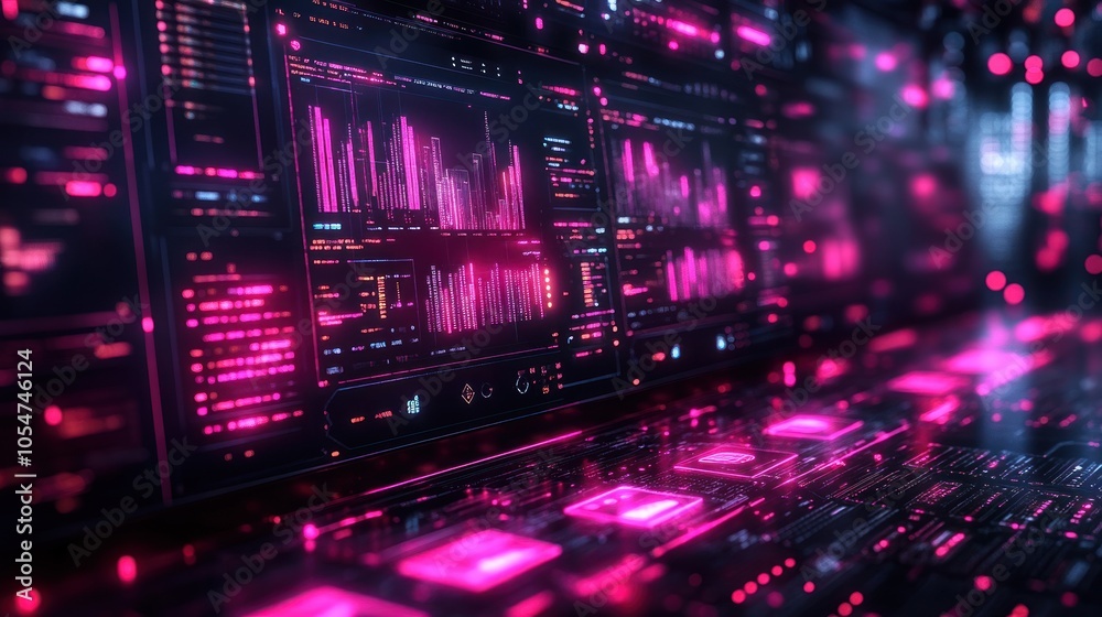 Poster futuristic interface displaying data analytics in vibrant colors.