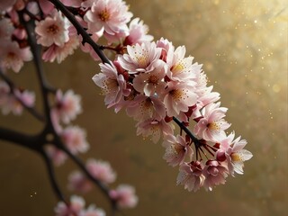 Delicate Branch of Sakura Blossoms Against a Soft Brown Background