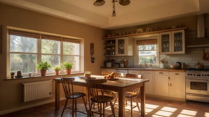 A warm, sunlit kitchen with rays streaming through the window, casting a cozy glow on a table