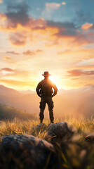 Fototapeta premium A soldier's reflection embracing courage and sacrifice against a breathtaking sunset