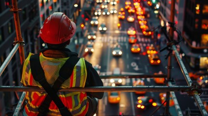 A worker on a scaffolding platform peers down at the bustling street below the reflection of passing headlights shimmering on his reflective vest.