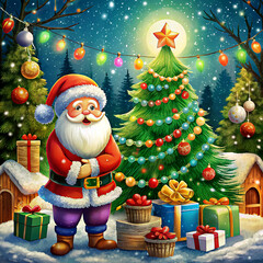 Christmas Day, Christmas celebration concept. Product display with gift boxes and decorate christmas tree on red background.