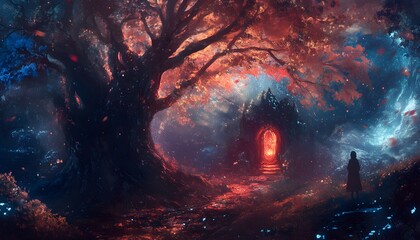 A lone figure stands before a glowing gateway in a mystical forest
