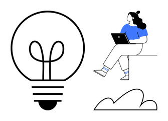 Woman sitting on edge with laptop, large light bulb, and cloud. Ideal for creativity, productivity, innovation, remote work, brainstorming, design thinking, education. Line metaphor