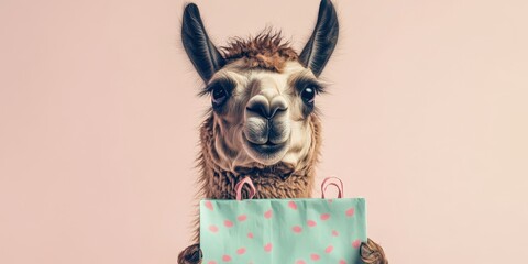 Curious Llama Examining Shopping Bag on White Background