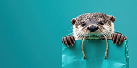 Curious Otter Poking Head Out of Shopping Bag on Aqua Background