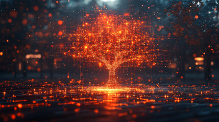 Fototapeta premium growing tree symbolizes strength and resilience, intertwined with complex data and electrical signals, representing the fusion of nature and technology, highlighting growth, connection, and innovation