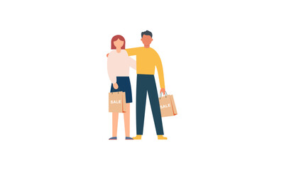 Couple of young man and woman with shopping bags illustration