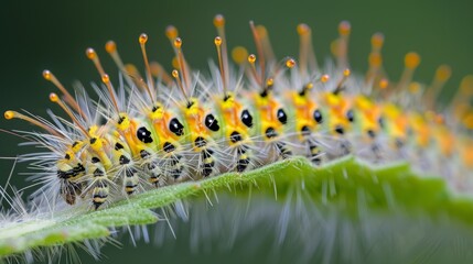Vibrant yellow caterpillar with spiky hairs crawls slowly on a lush green leaf, showcasing intricate nature details up close