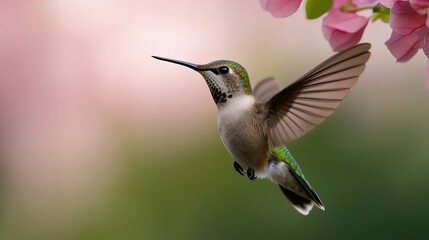 A small hummingbird hovers in mid-air, wings outstretched against a backdrop of soft pink and green.
