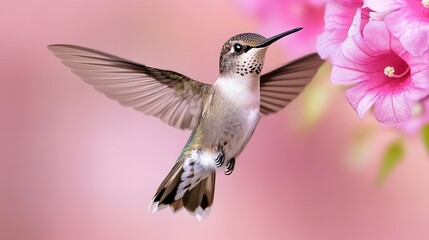 Fototapeta premium A tiny hummingbird hovers in mid-air, its wings a blur of motion as it feeds from a pink flower.