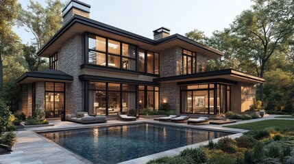 Fototapeta premium Modern house with a pool surrounded by greenery and outdoor seating.