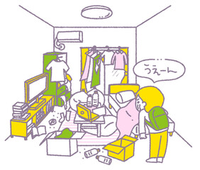 散らかった部屋と、それを見て嘆いている人（パステル）