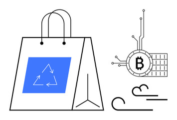 Shopping bag with recycling symbol along with bitcoin icon and abstract lines. Ideal for e-commerce, sustainability, digital currency, environmental awareness, and green shopping. Minimalist modern