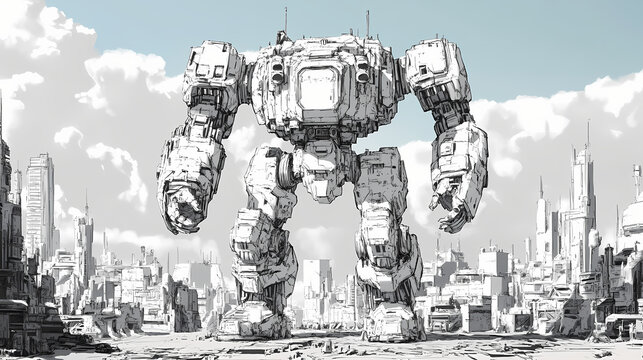 Giant mech robot standing in a future city drawn in comic book or graphic novel style. Mech Suits. Illustration