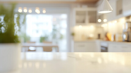 Modern kitchen interior in blur with white furniture