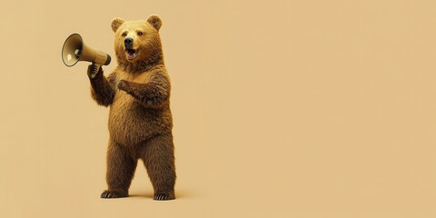 Fototapeta na wymiar Bear with Megaphone - Wild Animal Communicating Message on Two Legs against Plain Background