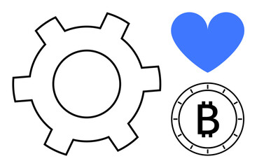 Gear symbol, blue heart, and Bitcoin icon. Ideal for technology, innovation, crypto-finance, blockchain, love for tech, engineering, fintech themes Line metaphor