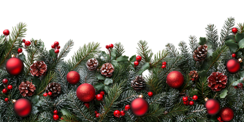 Christmas Branches Border with Festive Decorations on White Background