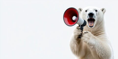 Polar Bear Communication Concept: Cute Bear Holding Megaphone on White Background