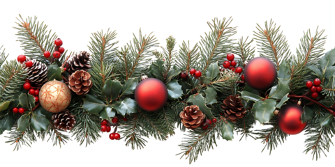 Christmas Branches Border with Festive Decorations on White Background