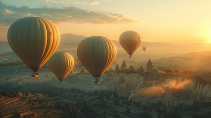 Obraz premium Hot Air Balloons Floating Over Scenic Landscape at Sunrise in Cappadocia, Turkey