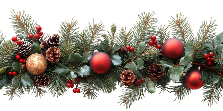 Christmas Branches Border with Festive Decorations on White Background