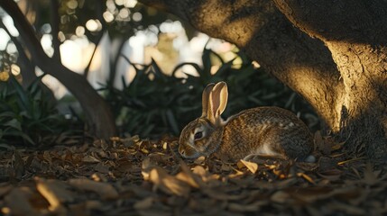 Obraz premium A brown rabbit sits under a tree in the shade, looking to the left.