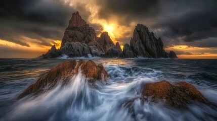 Obraz premium A dramatic seascape with a long exposure of the ocean waves crashing on the rocks in front of a group of jagged cliffs silhouetted against a cloudy sunset sky.