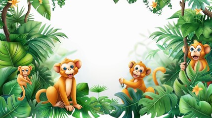 Naklejka premium Playful Cartoon Monkeys in a Lush Jungle Frame with Tropical Leaves and Flowers