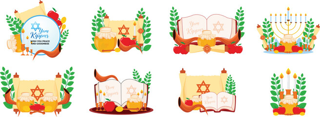 Set of yom kippur decoration. Element design template for jewish holiday yom kippur, hanukkah festival of lights, rosh hashanah, and jewish new years with jewish holy book, honey, apple, and shofar.
