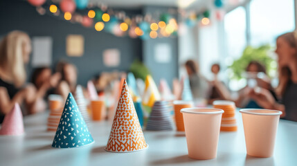 A party with a lot of people and a lot of party hats. The hats are in different colors and sizes
