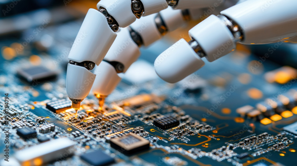 Poster a robot is touching a computer chip. the robot is white and has a metallic look. the computer chip i