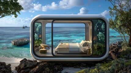 Modern Glass Pod on Tropical Beach with Ocean View and Luxurious Interior Design