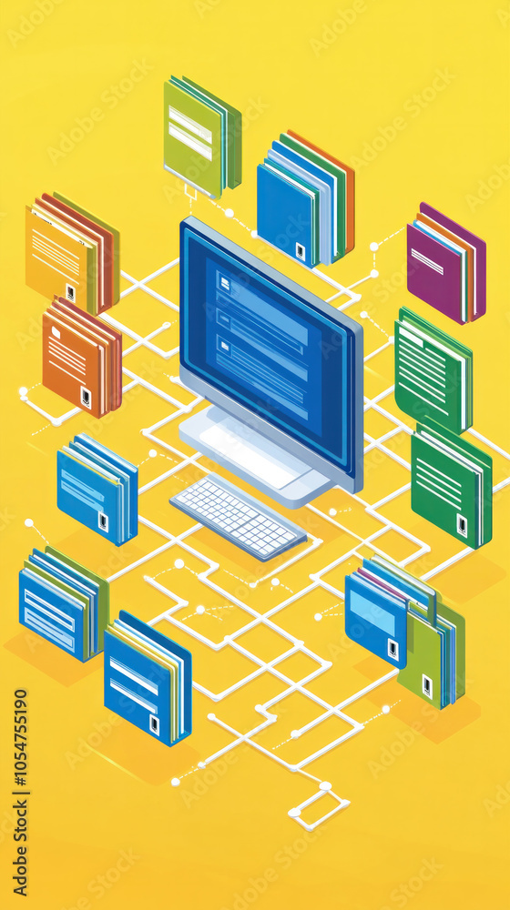 Poster a computer monitor displays a network of books, with a keyboard and mouse in the foreground. the boo