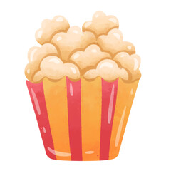 Cartoon popcorn bucket vector illustration, cinema movie concept design elements, pop corn snack clip art in hand drawn watercolor style, isolated on white background