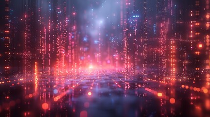 Obraz premium Futuristic Digital Cityscape with Neon Lights and Glowing Grid - Perfect for Sci-Fi and Tech-Themed Projects