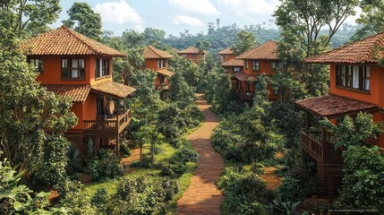 Obraz premium Lush tropical village with wooden houses amidst greenery and pathways.