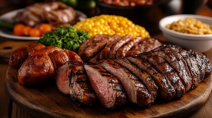 Close up of a delicious grilled steak dinner with corn on the cob, sausage, and other sides.