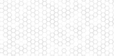 Abstract seamless pattern, white gray ceramic tiles floor.  Honeycomb wallpaper. Repeated white interlocking polygons tessellation on black background.  

