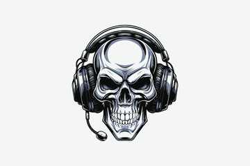 Skull with headset vector illustration on a white background, hand drawing, easily editable file, t-shirt print,