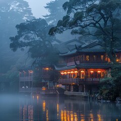 Obraz premium Tranquil Misty Evening at Traditional Asian Lakeside House with Lanterns and Reflections