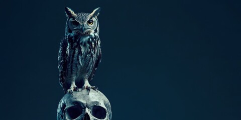 Mysterious Owl Perched on Skull in Dark Blue Night - Spooky Wildlife Concept