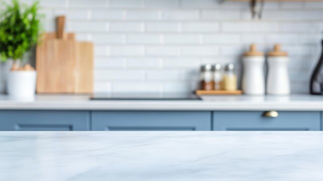 empty marble countertop in scandinavian style kitchen with blue furniture