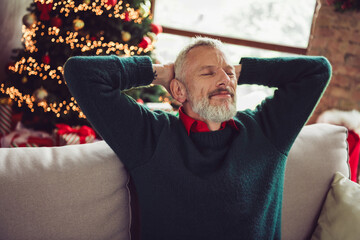 Portrait of nice aged man sit sleep sofa wear sweater new year xmas holiday flat indoors