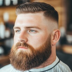 Obraz premium A close-up of a man with a stylish haircut and a well-groomed beard.