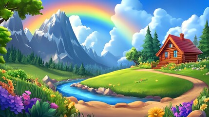Mountain Cabin with Rainbow and River Scene