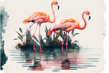 Watercolor painting of pink flamingo on the water. Illustration